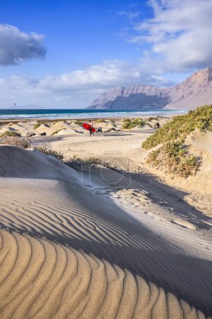 Téléchargez les photos : Surfeur marchant parmi les dunes de sable sur la plage Famara. Lanzarote, Espagne. - en image libre de droit