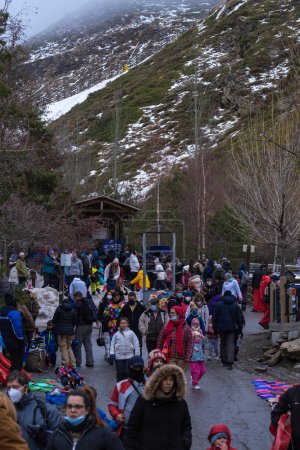 Photo for SIERRA NEVADA, Spain - February 05, 2022: View of crowds walking through Sierra Nevada Ski Resort. - Royalty Free Image