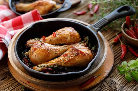 Photo for Spicy roasted chicken legs, drumsticks with herbs and hot pepper, close-up - Royalty Free Image