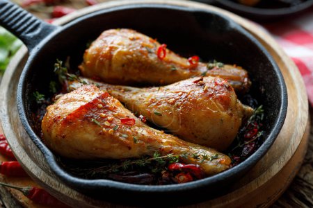 Photo for Close up view of roasted chicken legs flavored with hot pepper and aromatic herbs, focus on drumstick in the middle, served on a cast iron pan - Royalty Free Image