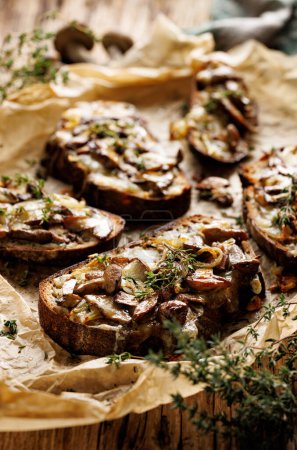Photo for Grilled sandwiches with forest mushrooms, mozzarella cheese and thyme, focus on the sandwich inside - Royalty Free Image