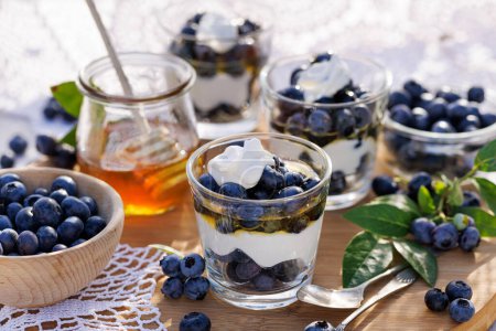 Foto de Postre hecho de yogur griego natural, arándanos frescos y miel, vista de cerca - Imagen libre de derechos