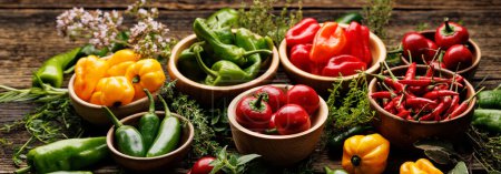 Photo for Set of various colorful peppers in bowls with the addition of fresh aromatic herbs, close-up - Royalty Free Image