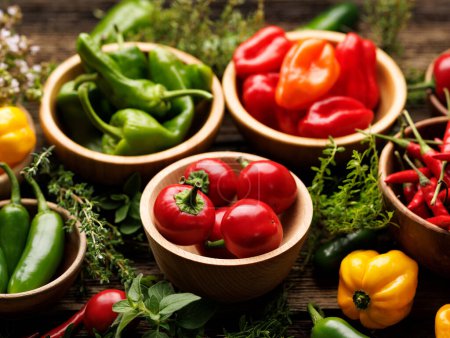 Photo for Various types and colors peppers in a bowls  and fresh herbs on a wooden table, close up view - Royalty Free Image