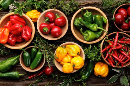 Photo for Set of various peppers in bowls with the addition of fresh aromatic herbs, top view - Royalty Free Image
