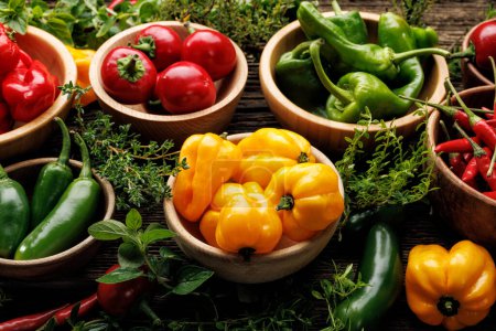 Photo for Various types and colors peppers in a bowls  and fresh herbs on a wooden table, close up view - Royalty Free Image