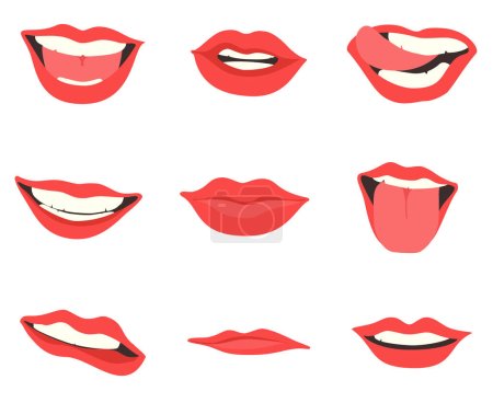 Dibujos animados expresiones de la boca lindo gestos faciales conjunto con pucheros labios sonriendo sobresaliendo lengua aislado vector ilustración
