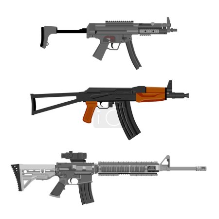 Ilustración de Colección de armas. Ilustración vectorial Kalashnikov ametralladora aksu, m-16 y mp5 aislados sobre fondo blanco. - Imagen libre de derechos