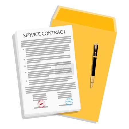 Documento de contrato de servicio, carpeta de archivos y pluma estilográfica. Firma del contrato de servicio, concepto de acuerdo. Vector