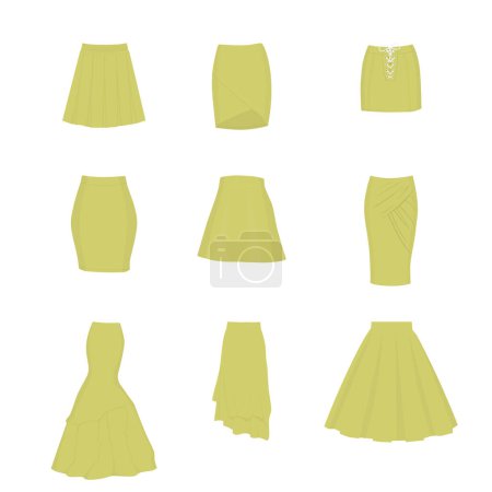 Ilustración de Conjunto de diferentes tipos de faldas. Una línea, tubo, mini, lápiz, círculo, drapeado, sirena, asimétrico y caja plisada - Imagen libre de derechos