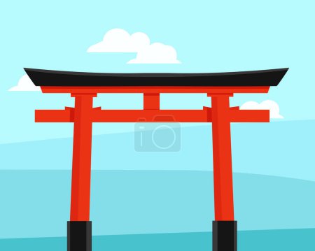 Ilustración de Puerta torii roja tradicional japonesa sobre fondo de cielo azul con nubes. Ilustración vectorial del hito de Itsukushima - Imagen libre de derechos