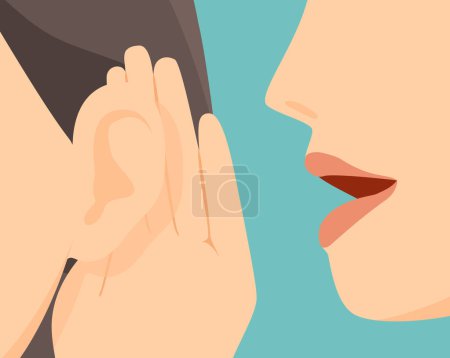 Ilustración de La mujer sostiene su mano cerca de su oreja. Concepto de sordera. Escuchar o escuchar y hablar. Gente hablando. Ilustración vectorial. - Imagen libre de derechos