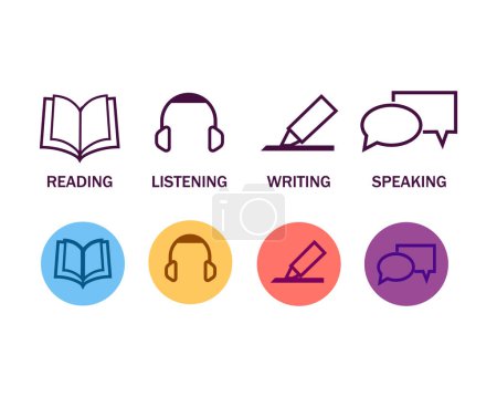 Ilustración de Conjunto de iconos de habilidad lingüística. Hablar, escuchar, leer, escribir. Prueba de educación. Ilustración vectorial - Imagen libre de derechos