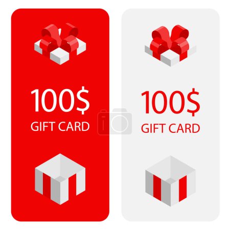 Foto de Conjunto de tarjetas de descuento de regalo con caja de regalo aislada sobre fondo blanco. Tarjeta regalo de 100 dólares. Ilustración vectorial - Imagen libre de derechos