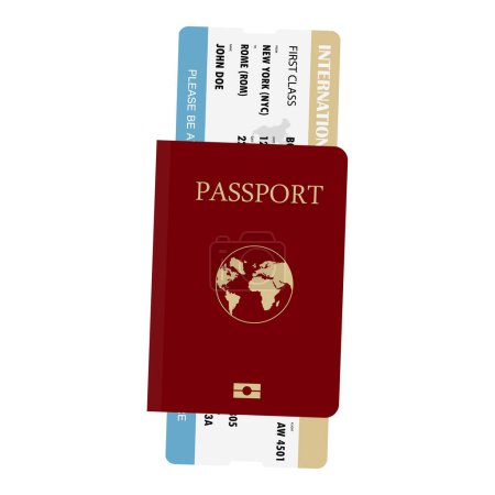 Illustration for Passport with tickets vector illustation. Air travel concept. Red international document pasport design. Citizenship ID for traveler isolated on white background - Royalty Free Image