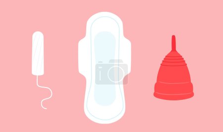 Foto de Productos del período de menstruación. Tampón, almohadilla y copa menstrual. Higiene femenina. Ilustración vectorial - Imagen libre de derechos