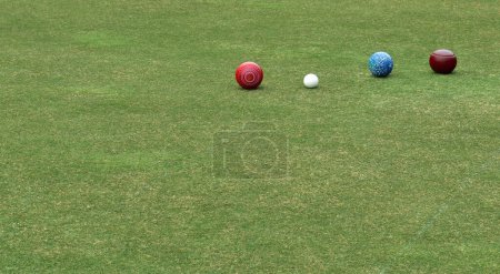 Photo for Some colored lawn bowls in a line with the white ball known as the jack - Royalty Free Image