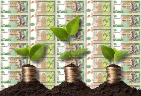 Photo for Green Money: Illustrating Financial Growth in Soil Sri Lanka 10 Rupees Sinhalese Chinthe Presidential Secretariat building in Colombo flower - Royalty Free Image