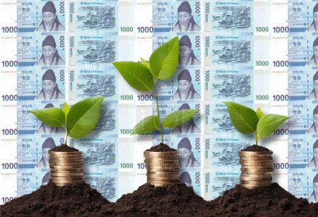 Photo for Illustrating Financial Prosperity: Money Trees and Growth 1000 South Korea won bank note. Won is the national currency of the South Korea - Royalty Free Image