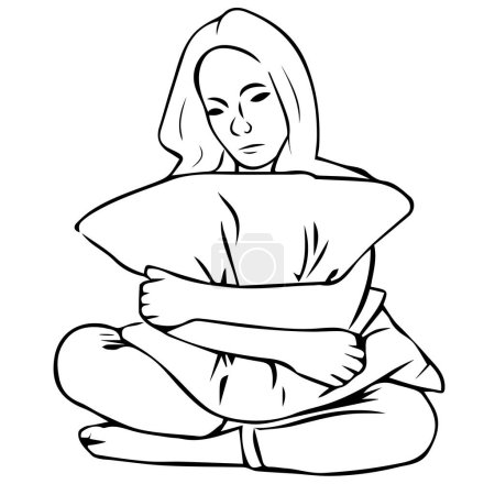 Illustration for Sad tired woman hugging a pillow - Royalty Free Image