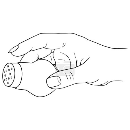 Illustration for Hand holding salt or pepper shaker to salt or pepper food, hand drawn linear vector illustration - Royalty Free Image