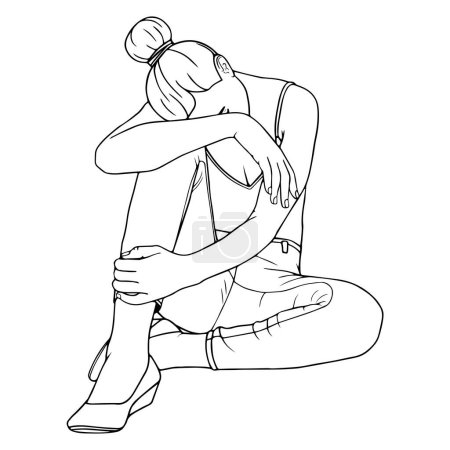 Mujer triste descansando sentada en el suelo y poniendo su cara sobre sus rodillas, ilustración lineal vectorial