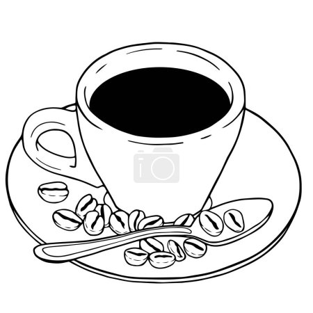 Téléchargez les illustrations : Tasse à café sur soucoupe avec café chaud, cuillère et grains de café renversés, illustration vectorielle linéaire - en licence libre de droit
