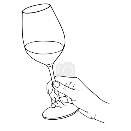 Illustration for Hand holding wine or champagne stemware glass, linear vector illustration - Royalty Free Image