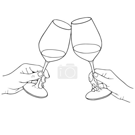 Illustration for Two hands holding wine or champagne glasses and clinking glasses, vector linear illustration - Royalty Free Image