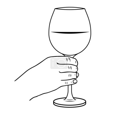 Illustration for Hand holding wine or champagne stemware glass, linear vector illustration - Royalty Free Image