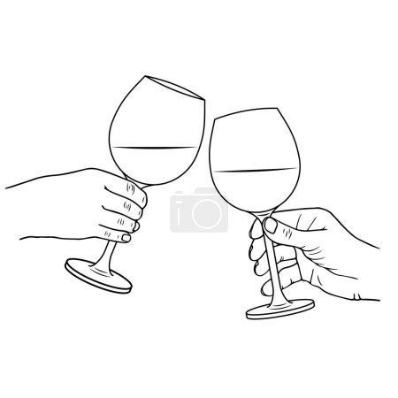 Illustration for Two hands holding wine or champagne glasses and clinking glasses, vector linear illustration - Royalty Free Image