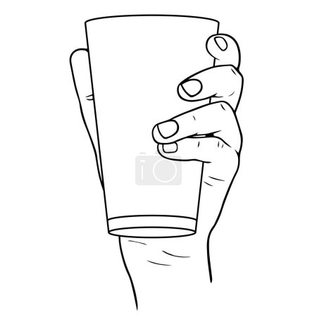 Téléchargez les illustrations : Main tient un verre ou une tasse d'eau, café ou thé, illustration vectorielle linéaire, dessin à la main - en licence libre de droit
