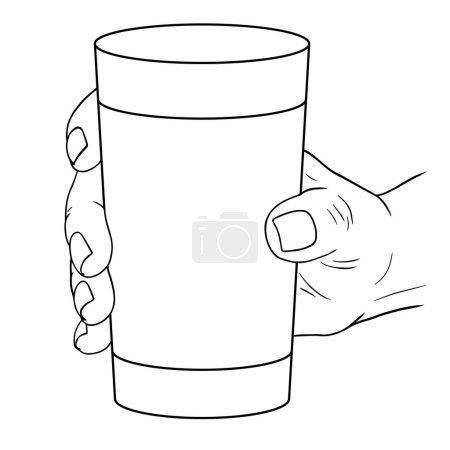 Téléchargez les illustrations : Main tient un verre ou une tasse d'eau, café ou thé, illustration vectorielle linéaire, dessin à la main - en licence libre de droit