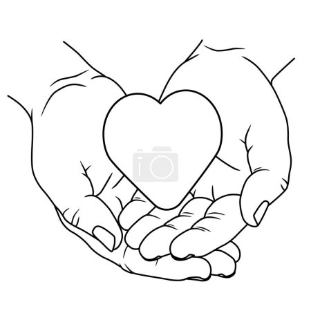 The heart lies in the hands, linear vector illustration as a hand drawing