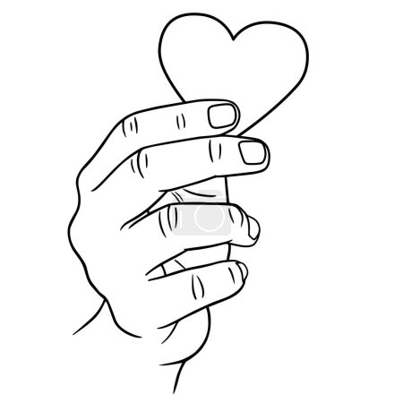 Hand hält Herz, lineare Vektordarstellung als Handzeichnung