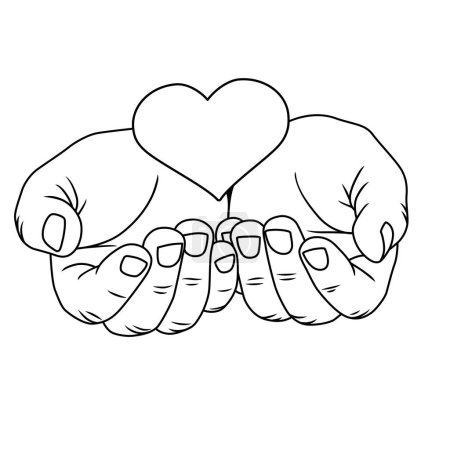 The heart lies in the hands, linear vector illustration as a hand drawing
