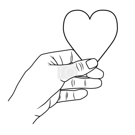 Hand holding heart, linear vector illustration as hand drawing