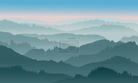 Ilustración vectorial de amanecer o atardecer en las montañas con niebla