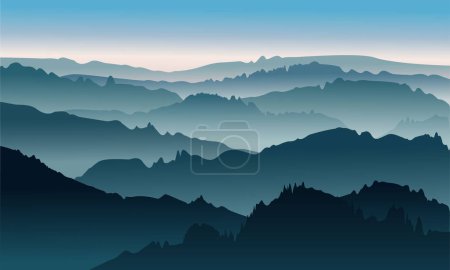 Illustration vectorielle du lever ou du coucher du soleil dans les montagnes avec brouillard