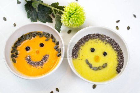 Photo for Chia pudding. Fathers in the face with a smile. Superfoods concept. For kids - Royalty Free Image