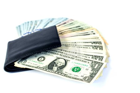 Photo for Black leather wallet with money on a white background - Royalty Free Image