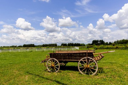 Foto de Viejo remolque sobre hierba verde y cielo azul con nubes - Imagen libre de derechos