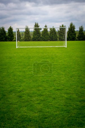 Foto de Objetivo de fútbol en el campo verde - Imagen libre de derechos