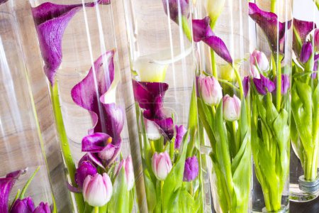 Téléchargez les photos : Tulipes dans un vase en verre immergé dans l'eau - en image libre de droit