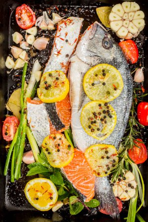Photo for Fresh sea bream and salmon on dark  background. Fish with aromatic herbs, spices and vegetables - healthy food, diet or cooking concep - Royalty Free Image