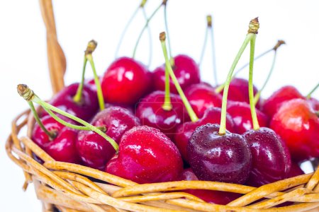 Photo for Cherries in a wicker basket isolated on white background - Royalty Free Image