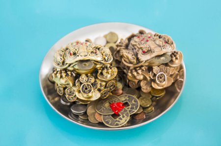 Foto de Feng Shui rana sentado en el dinero y monedas de porcelana de edad - Imagen libre de derechos