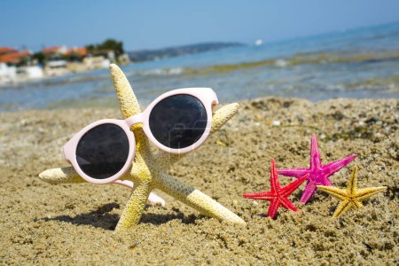Téléchargez les photos : Étoile de mer drôle avec verre de soleil sur la plage de sable en fond de mer - en image libre de droit