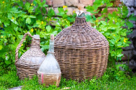 Photo for Baskets with bottles on green herb. Group of old Damigianas - Royalty Free Image