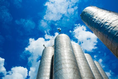 Téléchargez les photos : Traitement de la bière et silos de stockage contre le ciel bleu - en image libre de droit